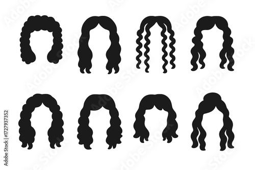 Ringlet Hairstyles Icons. Solid, filled icon set of ringlets hairstyles: tight ringlets, loose ringlets, spiral curls, corkscrew curls, beachy ringlets,
