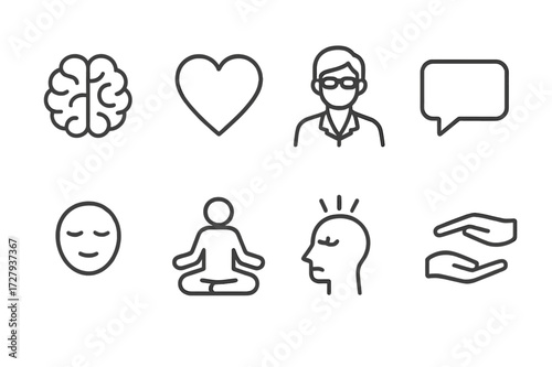 Mental Health Icons. Outline icon set of mental health guidance: brain, heart, therapist, chat bubble, calm face, meditation, stress relief, support hand. Line