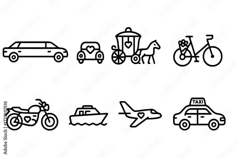 Fototapeta premium Wedding Transport Icons. Outline icon set of wedding transport: limousine, vintage car, horse carriage, bicycle, motorbike, boat, airplane, taxi. Line icons in