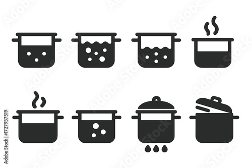 Boiling Stages Icons. Solid, filled icon set of boiling stages: simmer, rolling boil, rapid boil, gentle boil, steam release, bubble formation, heat increase,