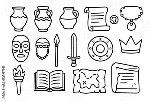 Ancient Artifacts Doodle. Hand-drawn doodle illustration Ancient artifacts exhibit vase, amphora, pottery, scroll, coin, necklace, mask, spear, sword, shield,