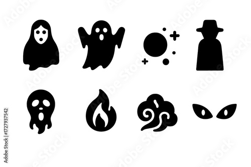 Spiritual Phenomena Icons. Solid, filled icon set of spiritual phenomena: apparition, poltergeist, spirit orb, phantom shadow, ghostly face, spiritual flame,