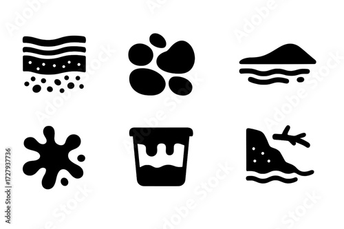River Geology Icons. Solid, filled icon set of river geology: sediment layers, pebbles, stones, sandbank, mud, clay, driftwood, erosion. [Line icons in only