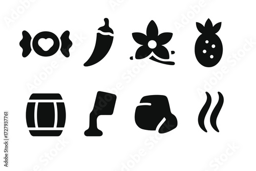 Rum Flavor Icons. Solid, filled icon set of rum flavors and aromas: sweet, spicy, caramel, vanilla, tropical fruit, oak, molasses, smoky. Solid, filled icons