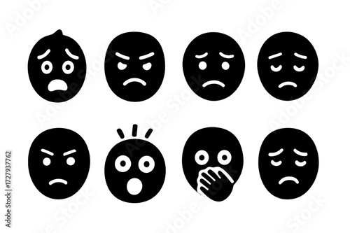Blackmail Emotion Icons. Solid, filled icon set of blackmail emotions: fear, anger, anxiety, stress, suspicion, shock, secrecy, despair. Solid, filled icons in