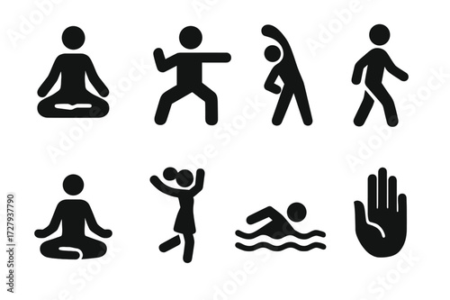 Gentle Movements Icon Set. Solid, filled icon set of gentle movements: yoga pose, tai chi, stretching, walking, dancing, meditating, swimming, tai chi hand.