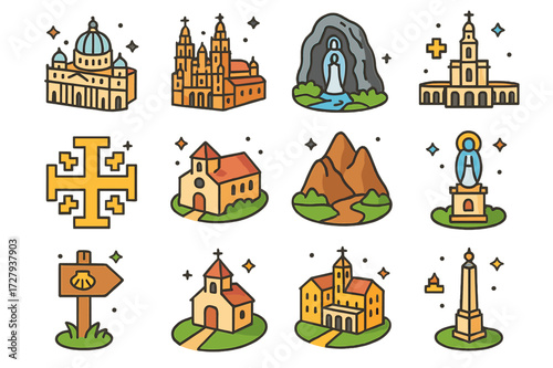 Sacred Sites Icons. Sacred sites. Colorful isometric vector icons set of sacred sites: St. Peter?s Basilica, Santiago de Compostela cathedral, Lourdes grotto,