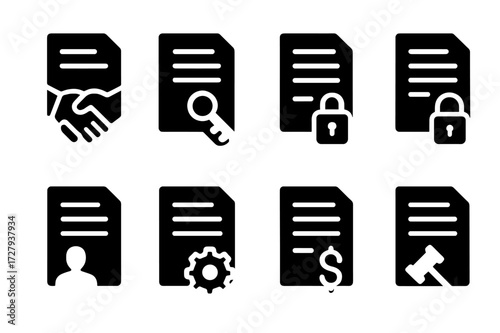 Agreement Icons Grid. Solid, filled icon set of agreement types: partnership agreement, lease agreement, sales agreement, non-disclosure agreement, employment