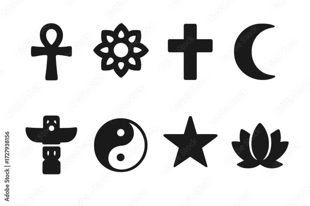 Fototapeta premium Ceremonial Symbol Icons. Solid, filled icon set of ceremonial symbols: ankh, mandala, cross, crescent, totem, yin yang, star, lotus. Solid, filled icons in