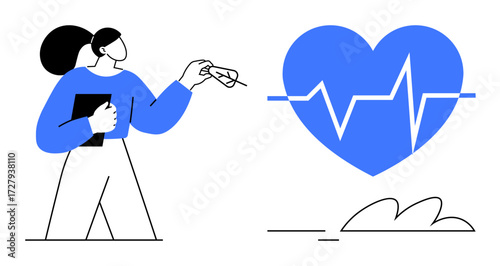 Female professional holding clipboard assessing heart health, symbolized by an ECG line within a blue heart. Ideal for healthcare, wellness, diagnosis, cardiology, medical care, consultation, simple