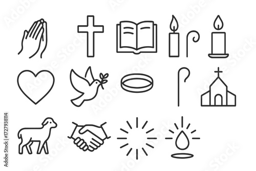 Faith Icon Set. Faith. Line icon set of faith: praying hands, cross, open Bible, candle, heart, dove, halo, shepherd staff, lamb, forgiveness gesture, light