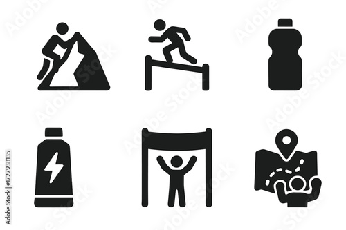 Stamina Challenge Icons. Solid, filled icon set of stamina challenges: mountain climb, obstacle course, racing flag, hydration break, energy gel, finish line,