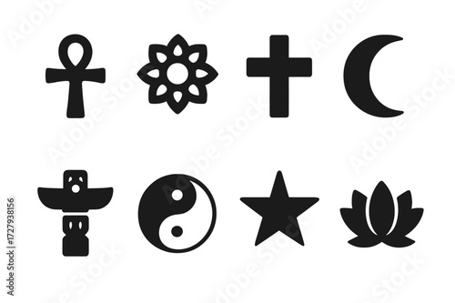 Ceremonial Symbol Icons. Solid, filled icon set of ceremonial symbols: ankh, mandala, cross, crescent, totem, yin yang, star, lotus. Solid, filled icons in