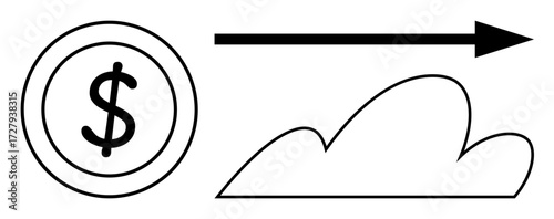 Dollar sign inside a circle, arrow pointing toward a cloud. Ideal for finance, technology, innovation, cloud banking, digital funds, globalization economic exchange themes. Simple flat metaphor