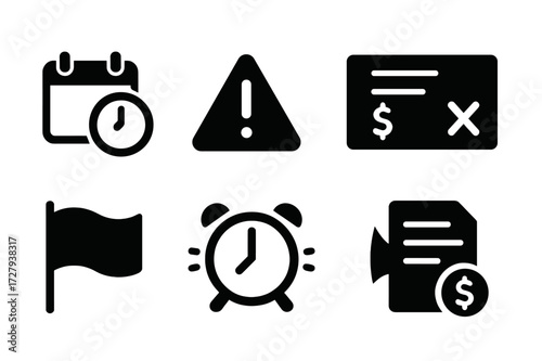 Late Payment Icons. Solid, filled icon set of late payment alert: calendar with clock, warning sign, overdue document, canceled check, red flag, alarm icon,