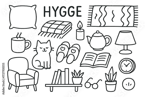 Cozy Hygge Doodle Icons. Hand-drawn doodle illustration Hygge cozy vibes pillow, blanket, rug, mug, tea pot, candle, lamp, cat, slippers, book, glasses, chair,