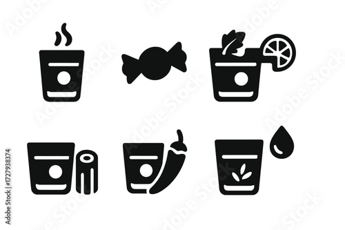 Cocktail Flavor Icons. Solid, filled icon set of old fashioned cocktail flavors: smoky, sweet, bitter, citrus, woody, spicy, herbal, caramel. Solid, filled