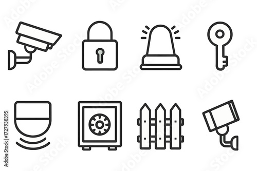 Home Security Icons. Outline icon set of home security: security camera, lock, alarm system, key, motion sensor, safe, fence, spotlight. Line icons in only