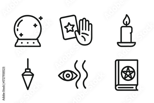 Divination Symbol Icons. Outline icon set of divination symbols: crystal ball, tarot cards, palmistry hand, candle flame, pendulum, eye symbol, smoke waves,