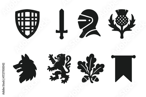 Clan Crest Icons. Solid, filled icon set of clan crests: tartan shield, sword, helmet, thistle, wolf, lion, oak branch, banner. Solid, filled icons in only