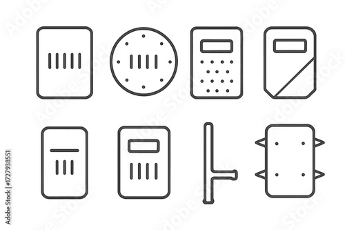 Riot Shield Icons. Outline icon set of riot shields: rectangular shield, round shield, transparent shield, ballistic shield, handheld shield, shield with