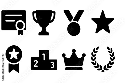 Executive Achievement Icons. Solid, filled icon set of executive achievements: certificate, trophy, medal, star, ribbon, podium, crown, laurel wreath. Solid,