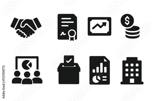 Business Share Icons. Solid, filled icon set of business shares: handshake, contract, stock certificate, dividend, shareholder meeting, voting