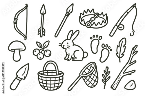 Primitive Survival Tools. Hand-drawn doodle illustration Hunting and foraging bow, arrow, spear, trap, fishing rod, fish, mushroom, berries, rabbit, footprint,