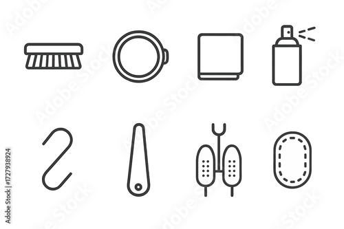 Military Boots Care Icons. Outline icon set of military boots cleaning and care tools: brush, polish tin, cloth, waterproof spray, lace hook, shoehorn, boot