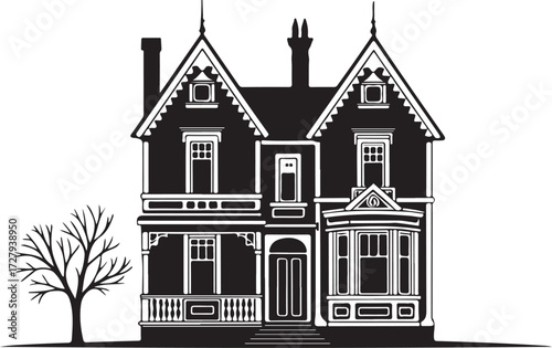 Highly detailed black and white silhouette of an elaborate two-story Victorian house featuring twin gables, a covered porch, a bay window, and a bare tree.