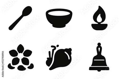 Milk Ritual Icons. Solid, filled icon set of milk offering rituals tools: spoon, bowl with milk, flame, incense burner, flower petals, conch, bell, altar