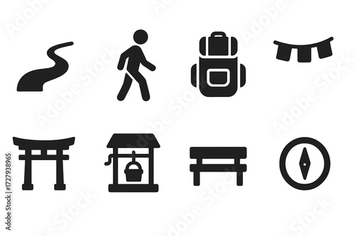 Pilgrimage Icon Set. Solid, filled icon set of pilgrimage sites: pathway, walking person, backpack, prayer flag, shrine gate, holy well, resting bench,