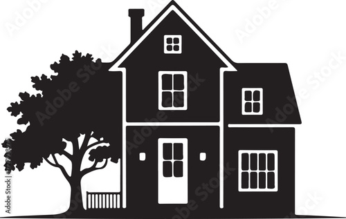 Charming black silhouette of a two-story farmhouse or cottage with a prominent gable, a chimney, an asymmetrical facade, and a large, mature tree beside it.