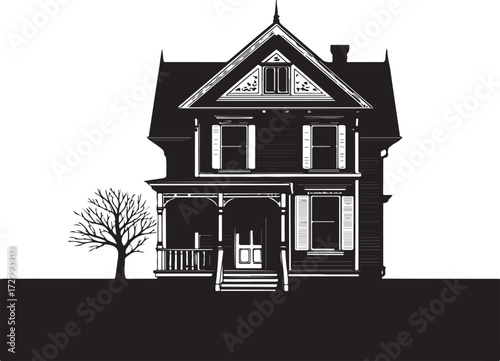 Intricate black and white silhouette of a two-story Victorian house featuring a steeply pitched gable, decorative trim, a covered porch, and a leafless tree.