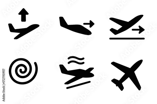 Glider Aerodynamics Icons. Solid, filled icon set of glider aerodynamics concepts: lift, drag, angle of attack, airfoil, vortex, stall, glide ratio, control