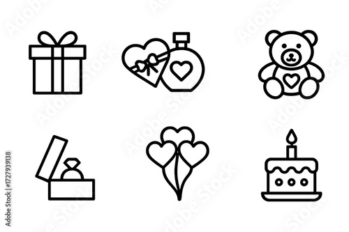 Love Gift Icons. Outline icon set of love and gifts: wrapped present, chocolate box, perfume bottle, teddy bear, jewelry box, greeting card, balloon bouquet,