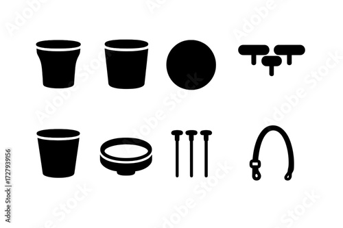 Bongo Drum Icons. Solid, filled icon set of bongo parts: small drum, large drum, drumhead, tuning lugs, shell, rim, tension rods, carrying strap. Solid, filled
