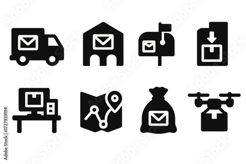 Mail Logistics Icons. Solid, filled icon set of mail logistics: delivery truck, sorting facility, mailbox, parcel, package scanner, mail route map, mailbag,
