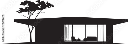 Minimalist black silhouette of a single-story mid-century modern pavilion house with a large cantilevered roof, floor-to-ceiling glass, and an adjacent tree.