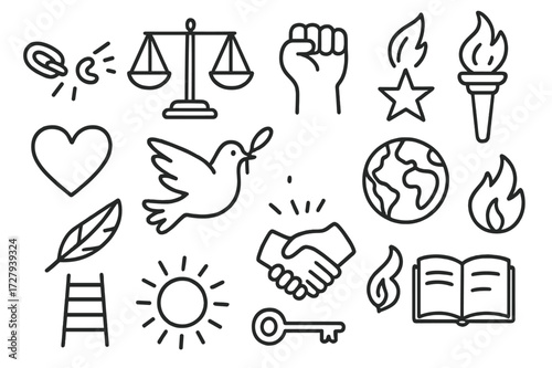 Symbols of Justice. Hand-drawn doodle illustration Social justice broken chains, balance scale, fist, torch, star, heart, feather, dove, globe, handshake,