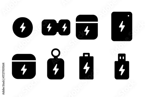 Portable Charging Icon Set. Solid, filled icon set of portable wireless charging: compact charger, foldable pad, travel case, portable power bank, wireless