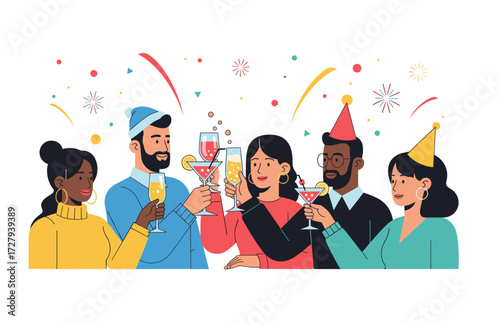 Diverse Group of Caucasian, Black, and Asian Adults Toasting at a Holiday Party