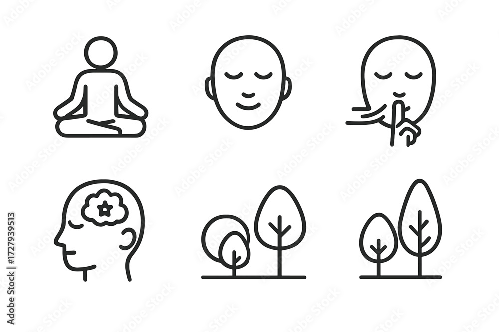 Fototapeta premium Meditation Icon Set. Outline icon set of patience in meditation: lotus pose, calm face, closed eyes, breathing, mantra, silence, peaceful mind, nature. Line