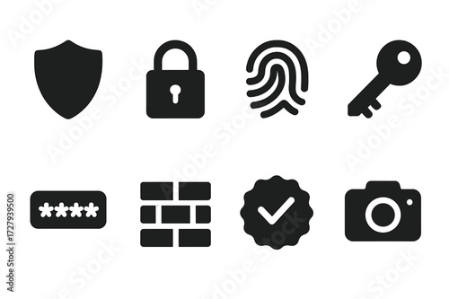 Security Icons Grid. Solid, filled icon set of approval security: shield, lock, fingerprint, key, password, firewall, verification badge, camera. [Line icons