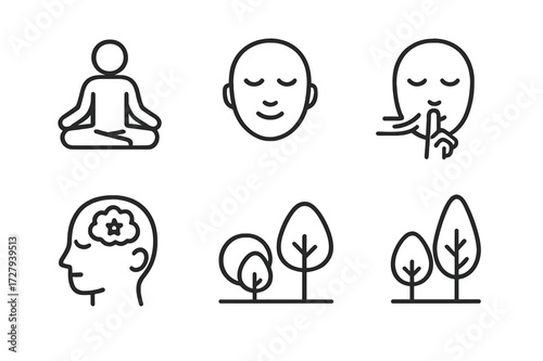 Meditation Icon Set. Outline icon set of patience in meditation: lotus pose, calm face, closed eyes, breathing, mantra, silence, peaceful mind, nature. Line