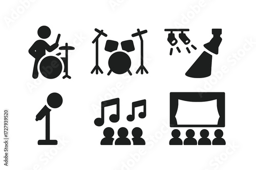 Hi-Hat Performance Icons. Solid, filled icon set of hi-hat performance: drummer silhouette, drum kit, stage lights, spotlight, microphone, music notes,