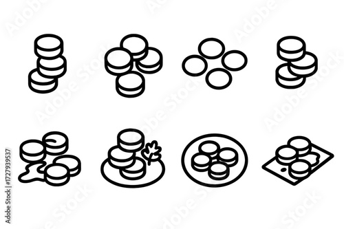 Appetizer Icon Set. Solid, filled icon set of appetizer presentation: stacked, arranged in circle, scattered, layered, drizzled sauce, garnished, plated,