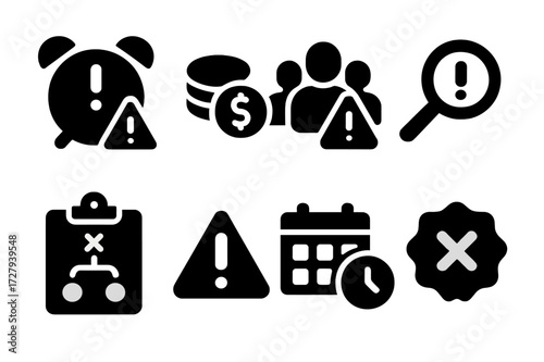 Project Risk Icons. Solid, filled icon set of project risk: deadline alert, budget overrun, resource shortage, risk analysis, contingency plan, warning sign,