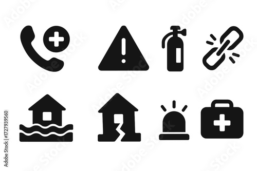 Crisis Icons Grid. Solid, filled icon set of crisis situations: emergency phone, warning triangle, fire extinguisher, broken chain, flood, earthquake, siren,