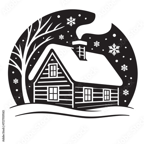 Charming black and white vector silhouette of a cozy log cabin nestled in a snowy winter scene under a moonlit sky with falling flakes and a bare tree.